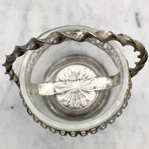 Hand Blown Candy Dish Silver Plate Glass Bowl Nut Rose Basket Twisted Handle - Picture 7 of 7